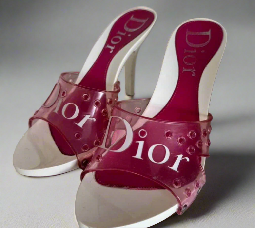 CHRISTIAN DIOR |                             Pink PVC Jelly Logo Mule Heels